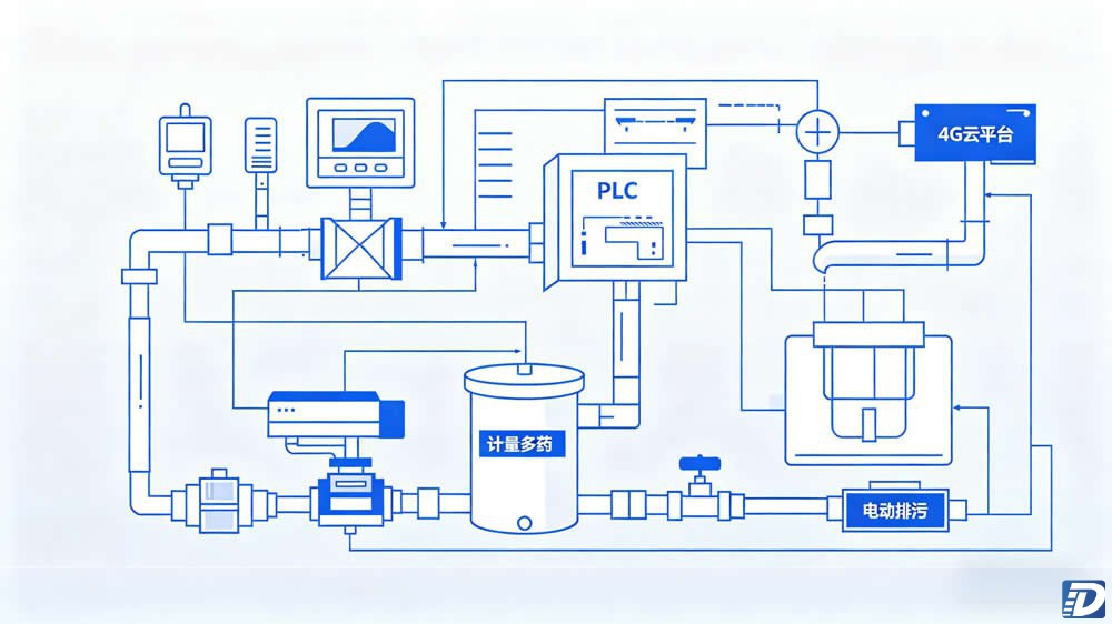 循环水自动加药 PLC 控制柜排污联动系统示意图