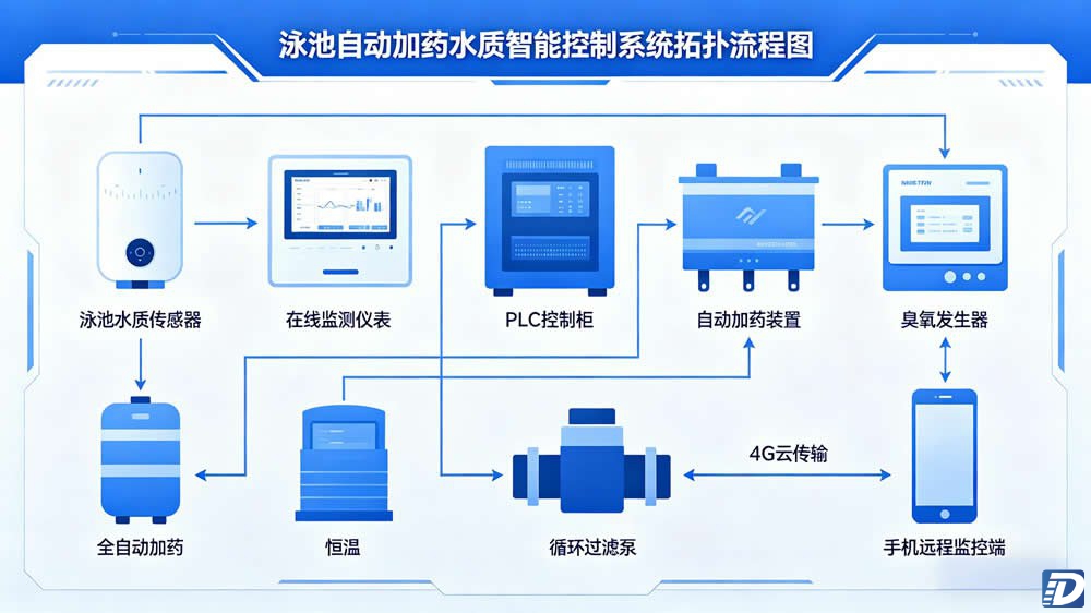 泳池自动加药水质智能控制系统拓扑流程图
